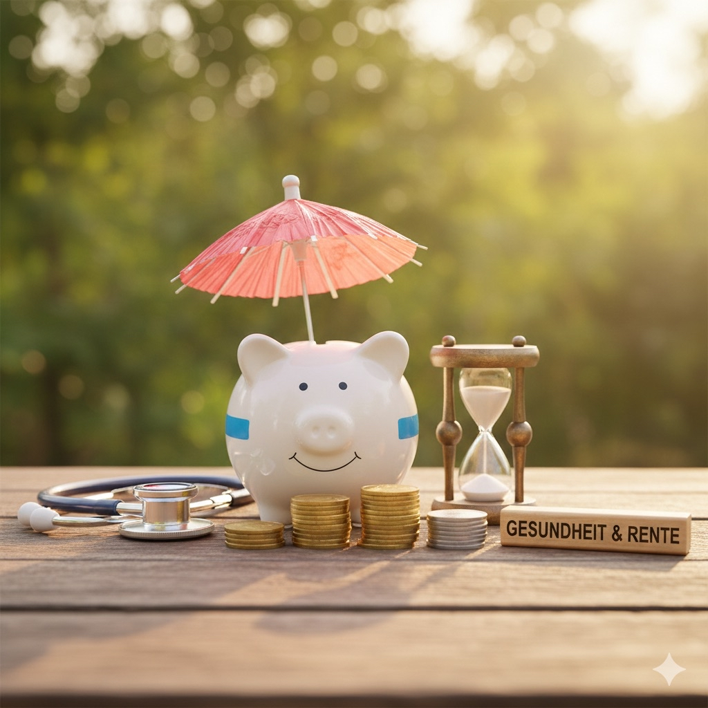 Vorsorge – Sparschwein, Arztkoffer und Würfel